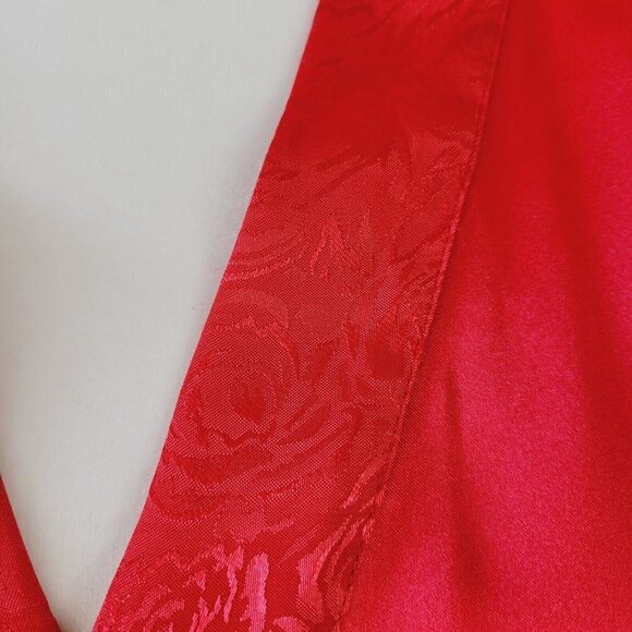 Sopre Lingerie Satin Robe Red Shiny Satin Floral Tonal Trim Sz Small Tie Waist - Picture 6 of 7